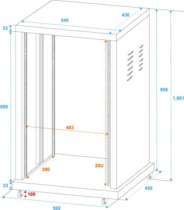 Nákres obdélníkové IT racku s otevřeným předním dílem. Rozměry: výška 1.061 mm, šířka 540 mm, hloubka 560 mm.