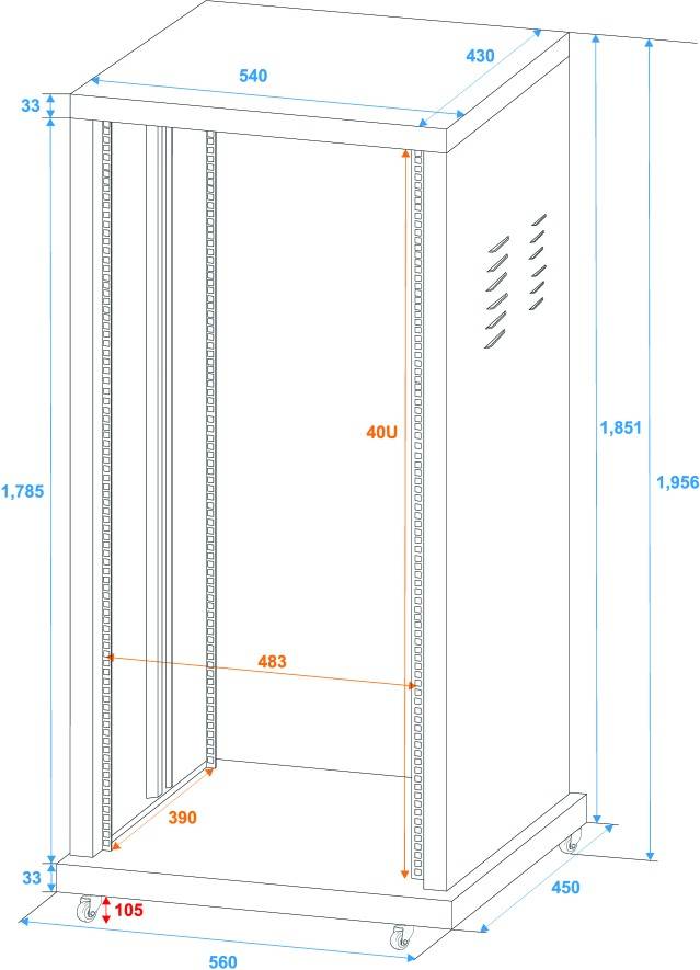 Obrázek serverové skříně s rozměry: výška 1851 mm, šířka 540 mm, hloubka 430 mm. Znázorňuje prostor pro 40 jednotek a větrací štěrbiny.