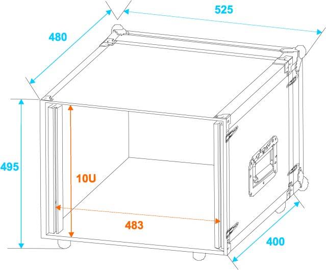 Diagram 19palcového racku, pohled zepředu s otevřenými bočními panely. Rozměry: šířka 525 mm, hloubka 480 mm, výška 495 mm. 10 HE.