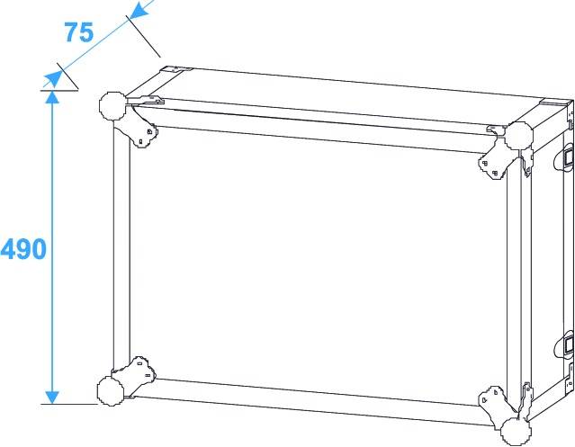 Technický výkres obdélníkového pouzdra. Výška 490 mm, šířka 75 mm, znázorněno v perspektivě s výztuhami rohů.