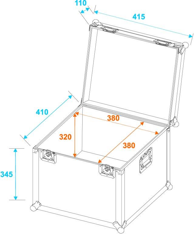 Technický výkres otevřené obdélníkové krabice s rozměry: šířka (415 mm), hloubka (410 mm), výška (345 mm), vnitřní rozměry (380 mm x 320 mm).