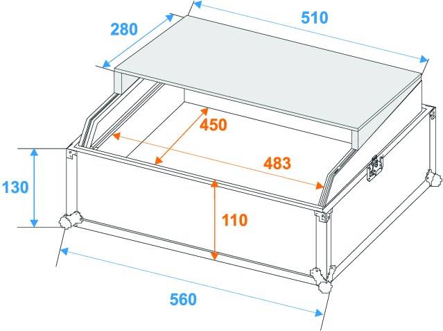 Technický výkres obdélníkové schránky s rozměry: délka 560 mm, šířka 280 mm, výška 510 mm. Vnitřní rozměry: 450 mm x 483 mm (dvojité dno 110 mm).
