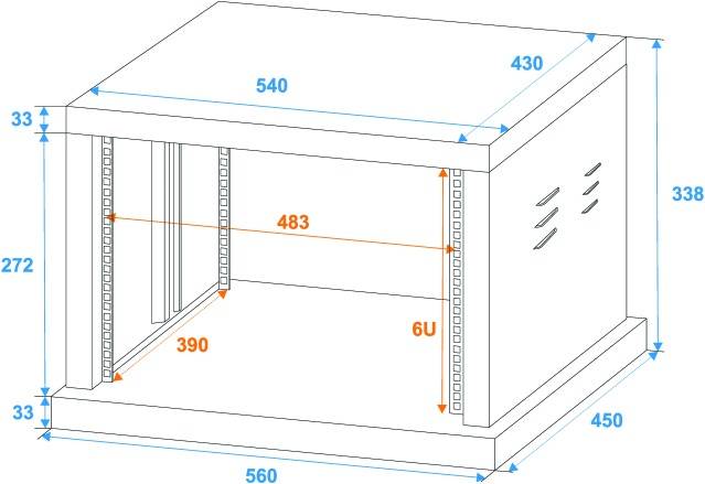 Technický výkres obdélníkové rozvodné skříně s rozměry: šířka 540 mm, hloubka 450 mm, výška 338 mm.