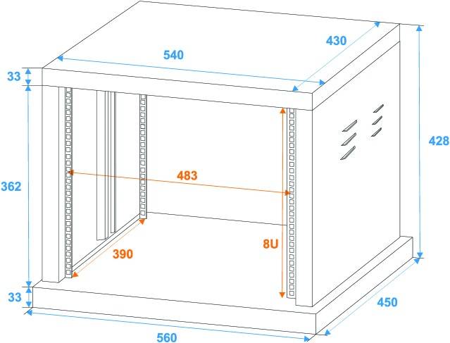 Diagram serverové skříně s rozměry: šířka 540, hloubka 560 a výška 428 mm. Vnitřní rozměry: výška 390 mm, 8U racková jednotka.