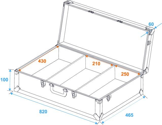 Otevřená přepravní bedna s rozměry: šířka 820 mm, hloubka 465 mm, výška 100 mm. Vnitřní přihrádky: 430 mm, 210 mm, 250 mm.