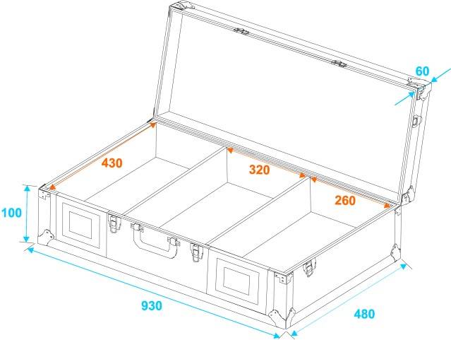 Otevřená bedna se třemi přihrádkami, rozměry: 930x480x100 mm. Velikosti přihrádek: 430 mm, 320 mm, 260 mm. Bedna zobrazuje technický výkres.