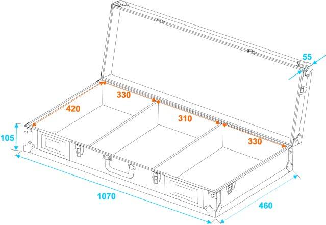 Diagram kufru s otevřeným víkem, rozměry: šířka 1070 mm, výška 105 mm, hloubka 460 mm. Tři vnitřní přihrádky o šířkách 420, 310 a 330 mm.