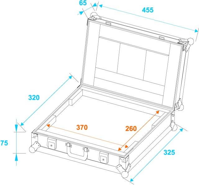 Obrázek otevřeného kufru s uvedenými rozměry: šířka 455 mm, hloubka 320 mm, výška 75 mm, vnitřní rozměry 370 mm x 260 mm.