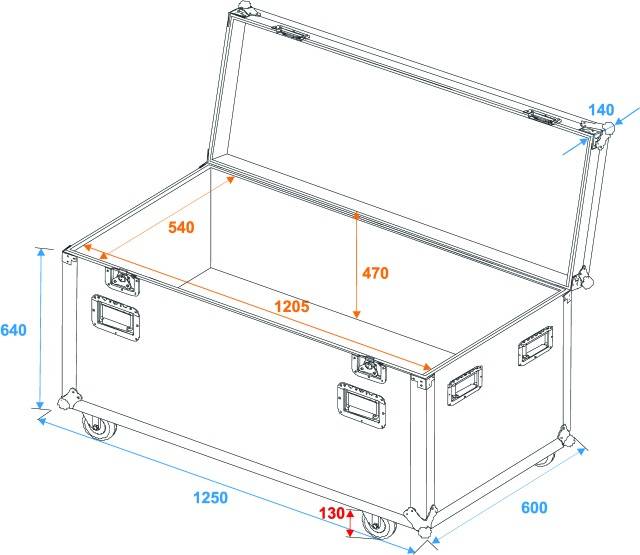 Otevřená přepravní bedna s rozměry: délka 1250 mm, šířka 600 mm, výška 640 mm. Vnitřní rozměry: délka 1205 mm, šířka 540 mm, výška 470 mm.