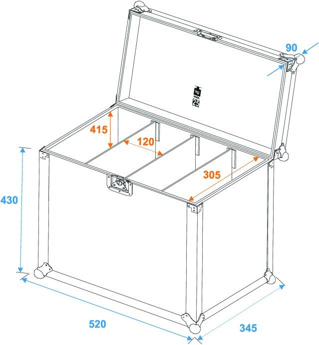'Otevřený kufr s pěti přihrádkami a popisem vnitřních rozměrů: 415 mm, 120 mm, 305 mm. Vnější rozměry: 520 mm, 430 mm, 345 mm.'