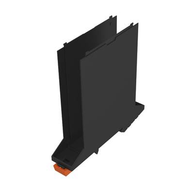 Černý plastový kryt s oranžovou sponou na spodní straně.