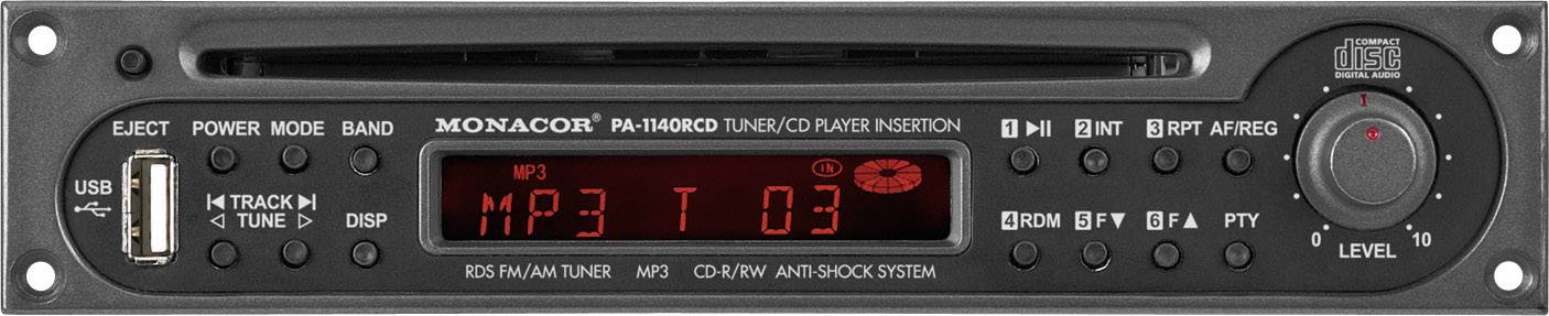 Autorádio s předním panelem, CD slotem, USB portem a digitálním displejem. Zobrazuje přehrávání MP3 a rádiové frekvence. Několik tlačítek pro ovládání.