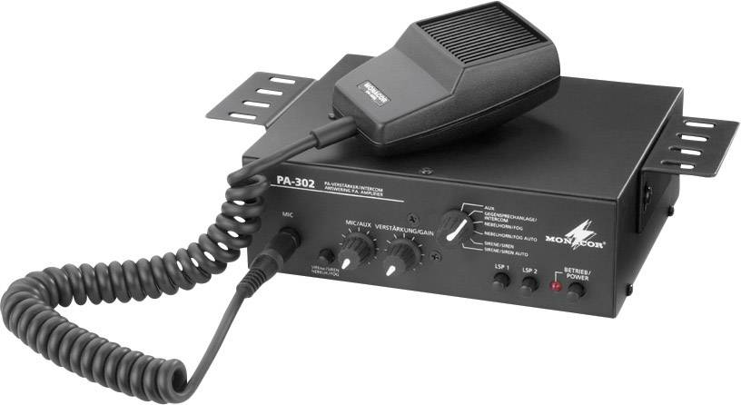 Zesilovač PA-302 s mikrofonem, ovládacími prvky pro hlasitost a vyrovnání, a přípojkami. Vhodný pro veřejné rozhlasy.