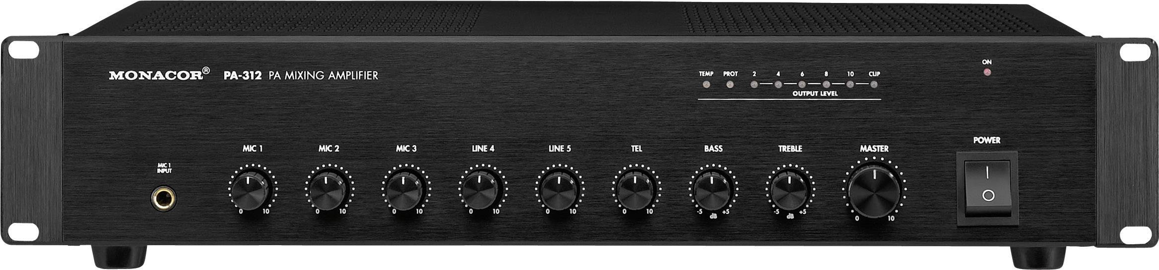 Černý zesilovač Monacor PA-3120 s deseti otočnými ovladači pro nastavení hlasitosti a zvuku, včetně ovladačů 'MIC 1-4', 'AUX', 'TEL', 'BASS', 'TREBLE', 'MASTER'.