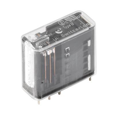 Elektromechanické relé s průhledným pouzdrem, zobrazující vnitřní komponenty. Vyrobeno ve Švýcarsku, typ B.