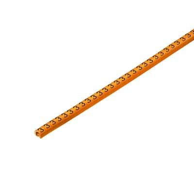 Oranžový skládací metr s číslem '3' na každém dílu, rozložený.