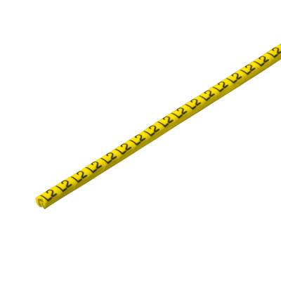 Žluté kabelové identifikační pásky s černými vytištěnými čísly '2' po celé délce.