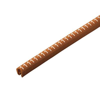 Hnědý plastový kabel s výraznými bílými čísly. Používán pro označování kabelů. Model 1.1.