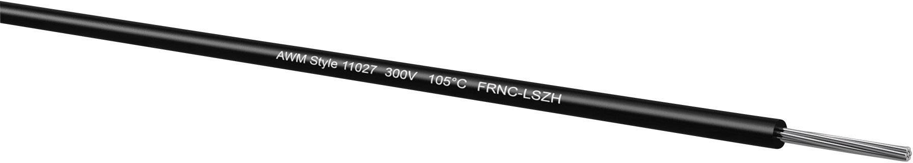 Černý kabel s označením '300V 105°C FRNC-LSZH' odhalující flexibilní vodiče uvnitř. Vhodný pro elektronické aplikace.