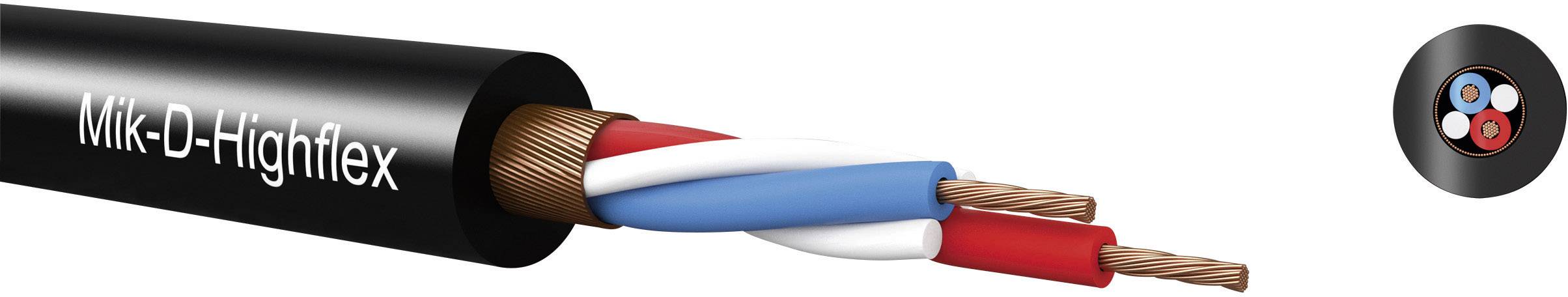 Černý kabel s nápisem 'Mik-D-Highflex', zobrazující vnitřní vodiče v červené, bílé a modré barvě a kruhový diagram průřezu kabelu.