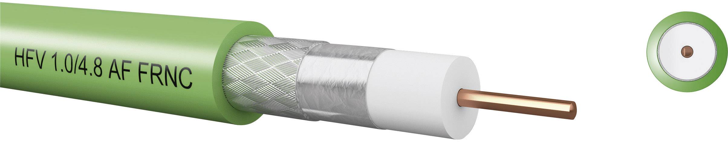 Zelený koaxiální kabel s měděným jádrem a označením 'HFV 1.0/4.8 AF FRNC'. Řez zobrazuje izolační vrstvy.