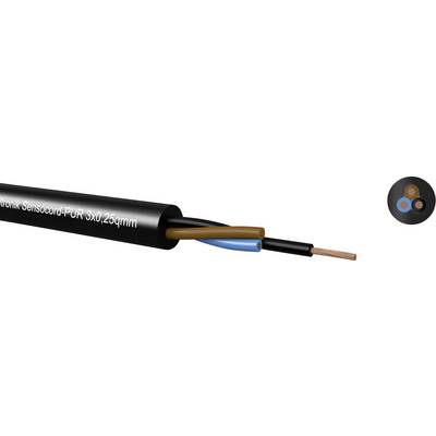 Kabel s černým izolačním pláštěm, nápis 'Sensocord-PUR 3x0,25mm', tři vnitřní vodiče: hnědý, modrý, černý. Příčný řez vpravo.