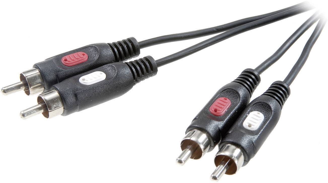 Dva černé audiovlákna s červenými a bílými konektory používané pro analogové audioSpojení.