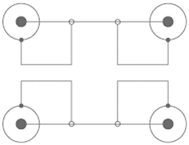 Elektronické schéma s dvěma propojenými obvody, z nichž každý má velký a malý kruh na svých koncích.