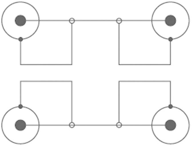 Schematický diagram znázorňuje čtyři propojené obvody s čarami mezi nimi, které představují elektrické spoje.