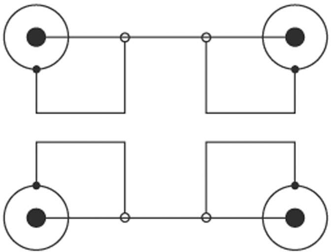 Diagram ukazuje dva paralelní obvody, každý se dvěma uzlovými body, které jsou propojeny linkami.