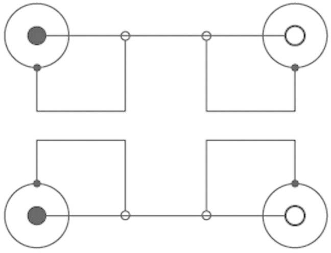 Diagram elektrického obvodu se dvěma prvky zapojenými paralelně. Kruhy a čáry symetricky propojují prvky.