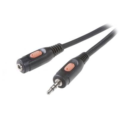 Černý audiokabel s 3,5mm jack konektorem a zdířkou, oba s oranžovými detaily. Používá se k propojení audio zařízení.