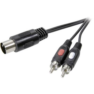 Černý audio kabel s kulatou zástrčkou a dvěma cinch konektory, červeným a bílým, pro stereo připojení.