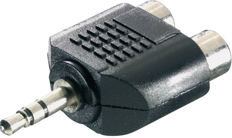 Černý audiovýstup s 3,5mm stereokonektorem a dvěma cinch zásuvkami.
