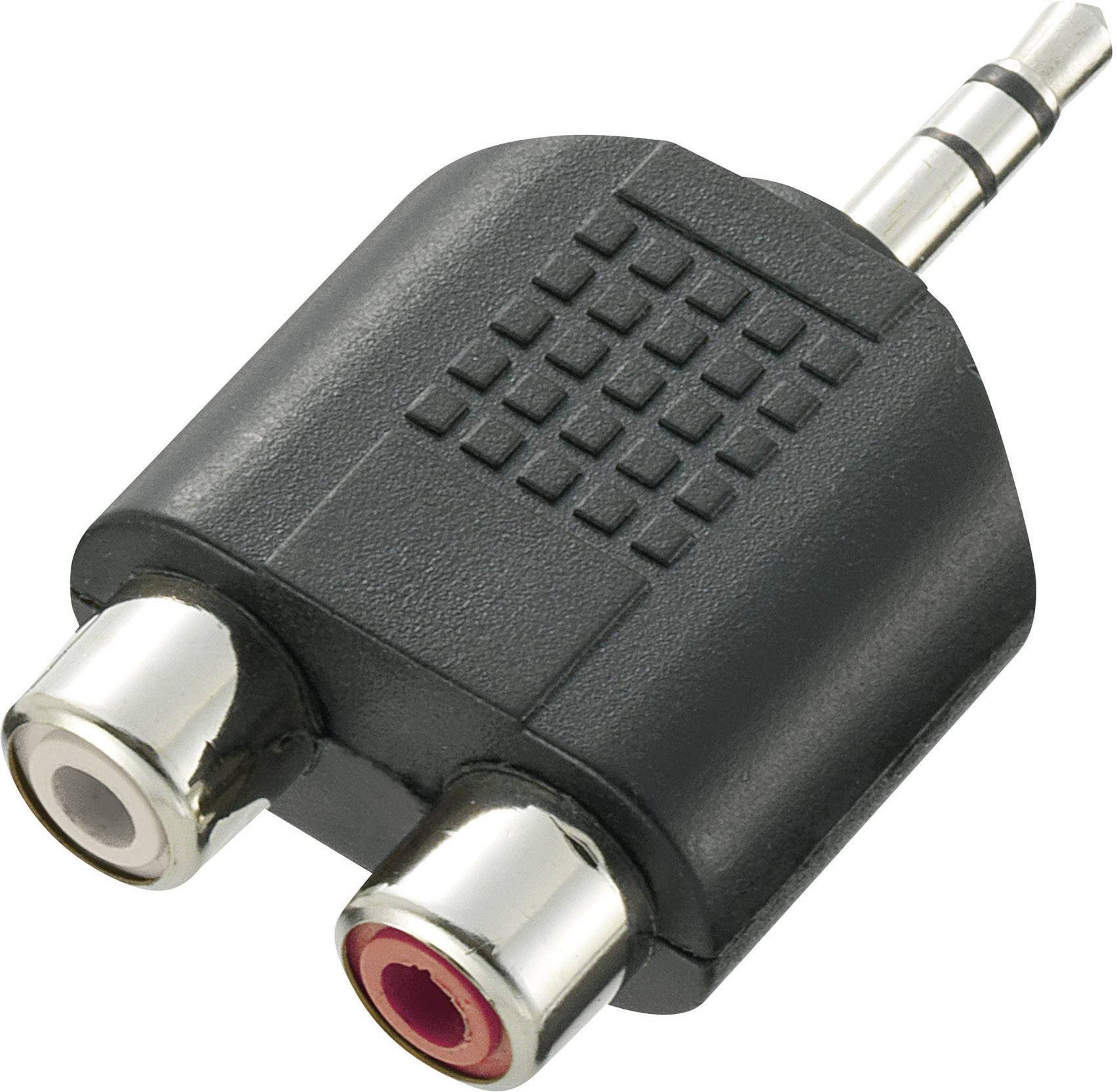Audio adaptér se dvěma cinch zásuvkami a 3,5mm jack konektorem pro propojení audio zařízení.