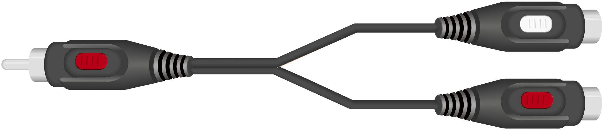 Y-kabel s RCA konektorem na jednom konci a dvěma RCA zásuvkami na druhém konci, určený pro audio nebo video připojení.