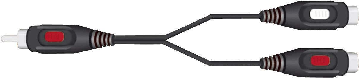 RCA Y adaptérový kabel s jednou vidlicí na jedné straně a dvěma zásuvkami na straně druhé, vhodný pro audio připojení.
