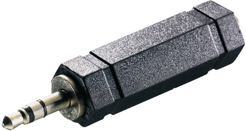 Černý 3,5mm audio adaptér s šestihranným tělem, užitečný pro připojení audizařízení.