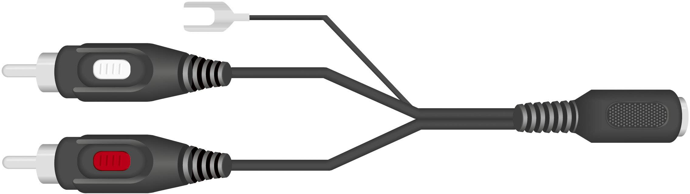 Adaptérový Y-kabel, který propojuje jeden 3-pinový jack konektor se dvěma cinch konektory, typicky používaný pro audioaplikace.