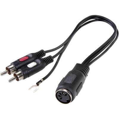 Adaptační kabel s DIN samičkou a dvěma samčími RCA konektory v červené a bílé barvě.