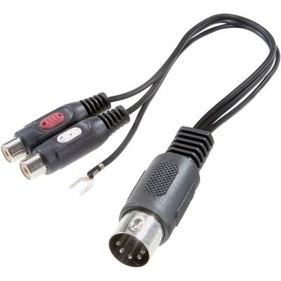 Adaptérový kabel s 5-pólovým DIN konektorem na dva RCA konektory s uzemňovací smyčkou.
