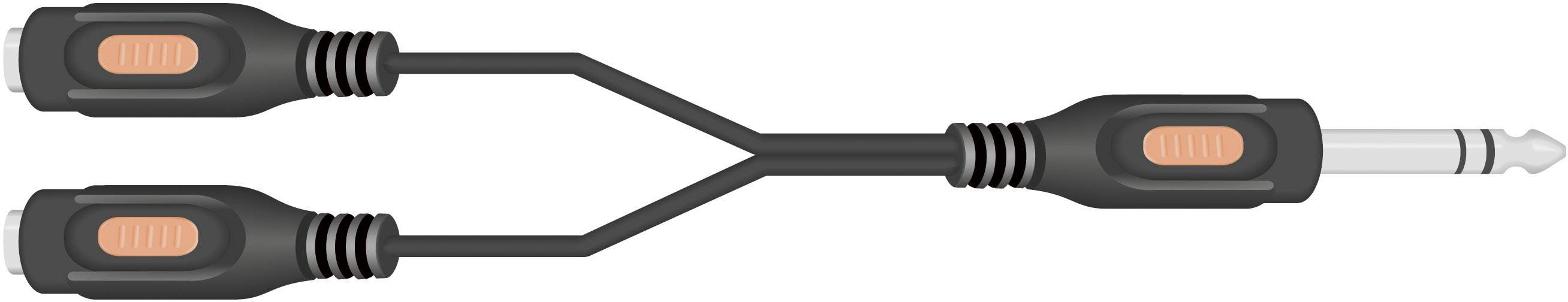 Y adaptérový kabel se dvěma ženskými a jedním mužským 3,5mm jack konektorem.