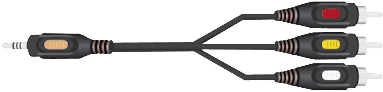 Audio/video kabel se čtyřmi konektory: Mini jack konektor vlevo, tři RCA konektory vpravo v červené, žluté a bílé barvě.