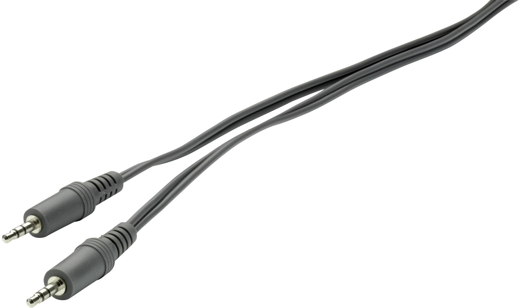 Šedý audiokabel se dvěma 3,5mm jack konektory, často používaný pro sluchátka nebo reproduktorové vstupy.