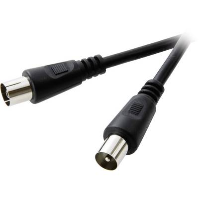 Černý koaxiální kabel se dvěma konektory, používaný pro připojení televizorů nebo jiných elektronických zařízení.