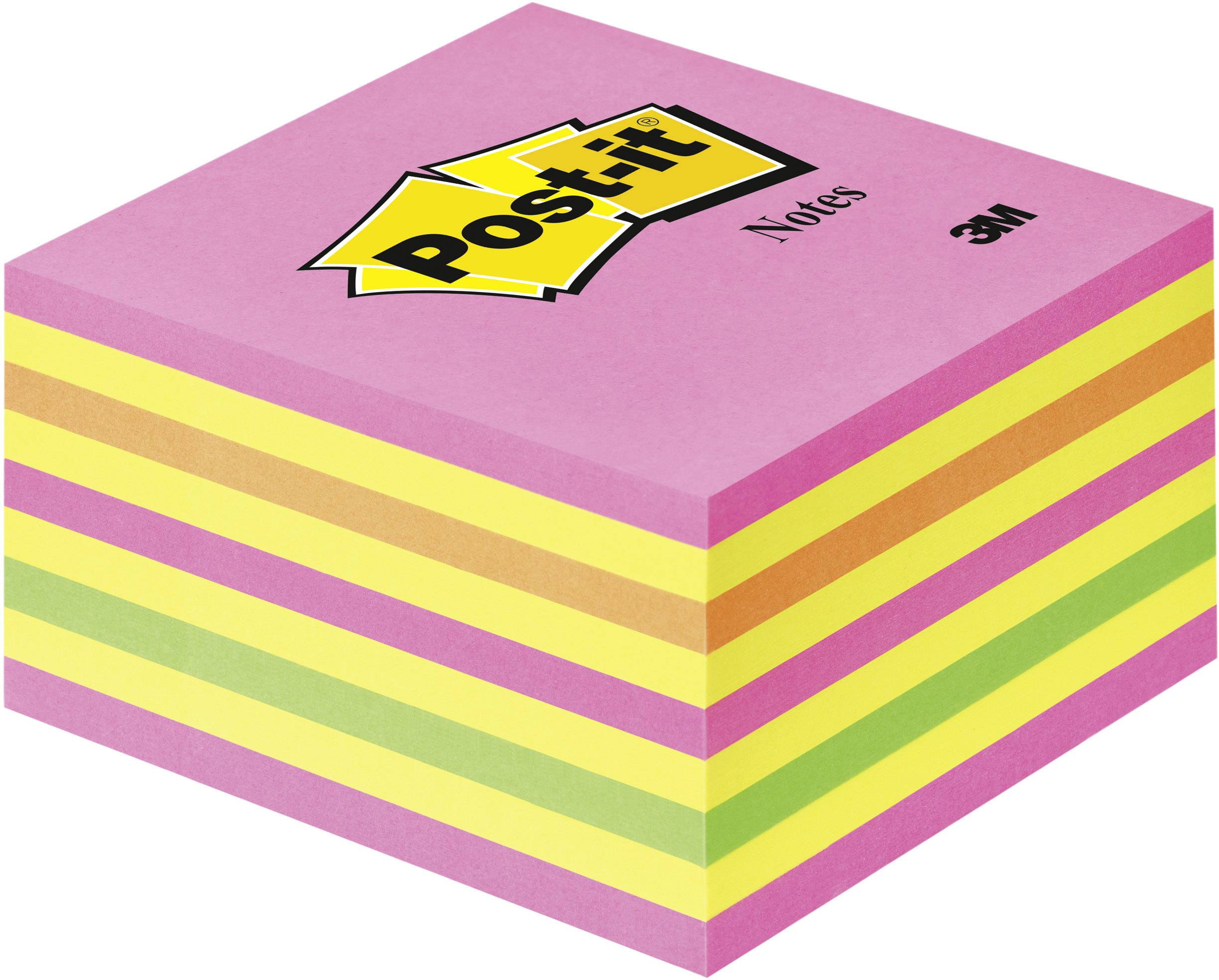 Zásobník vícebarevných samolepicích poznámkových lístků Post-it, skládající se z růžových, žlutých a zelených lístků. Logo značky 'Post-it' je umístěno nahoře.