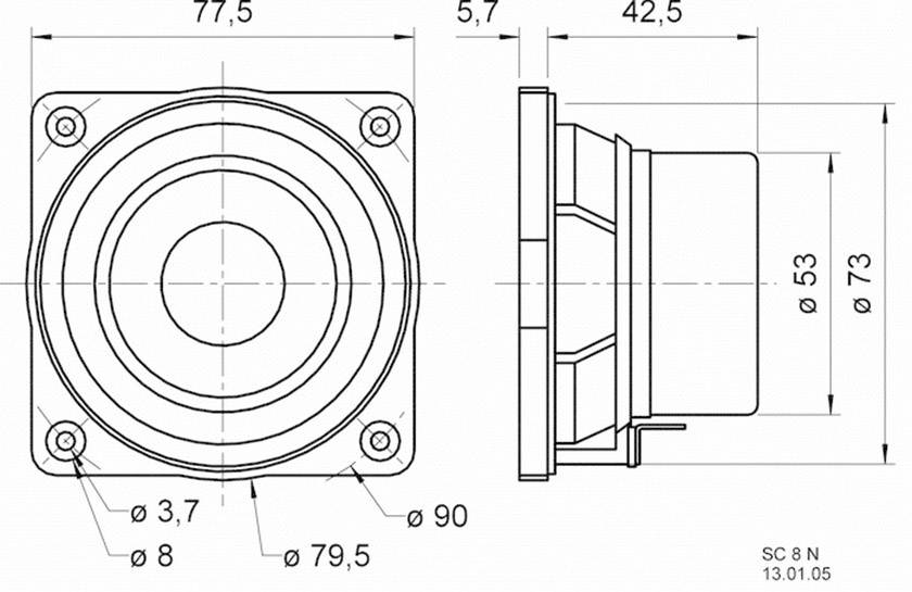 Technický výkres reproduktoru s pohledem zepředu a z boku. Rozměry: šířka 77,5 mm, hloubka 42,5 mm. Vyznačeny různé průměry.