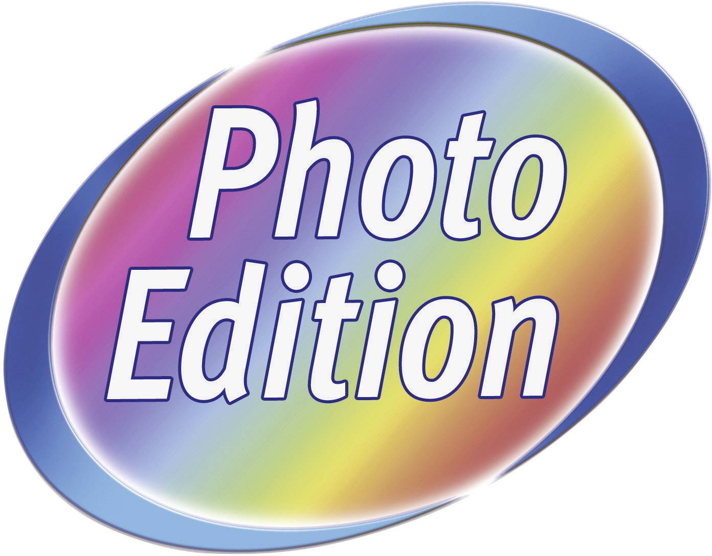 Eliptické logo s barevným přechodem od růžové přes žlutou po modrou, obsahující bílý text 'Photo Edition'.