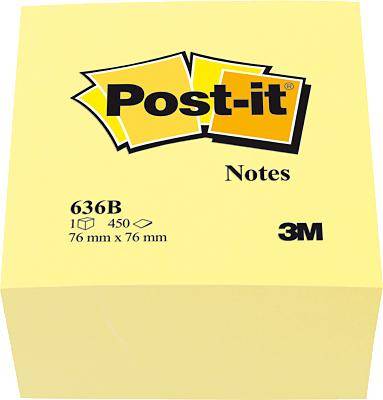 Žlutý blok samolepicích poznámkových lístků od 3M, model 636B, 450 lístků, velikost 76 mm x 76 mm.
