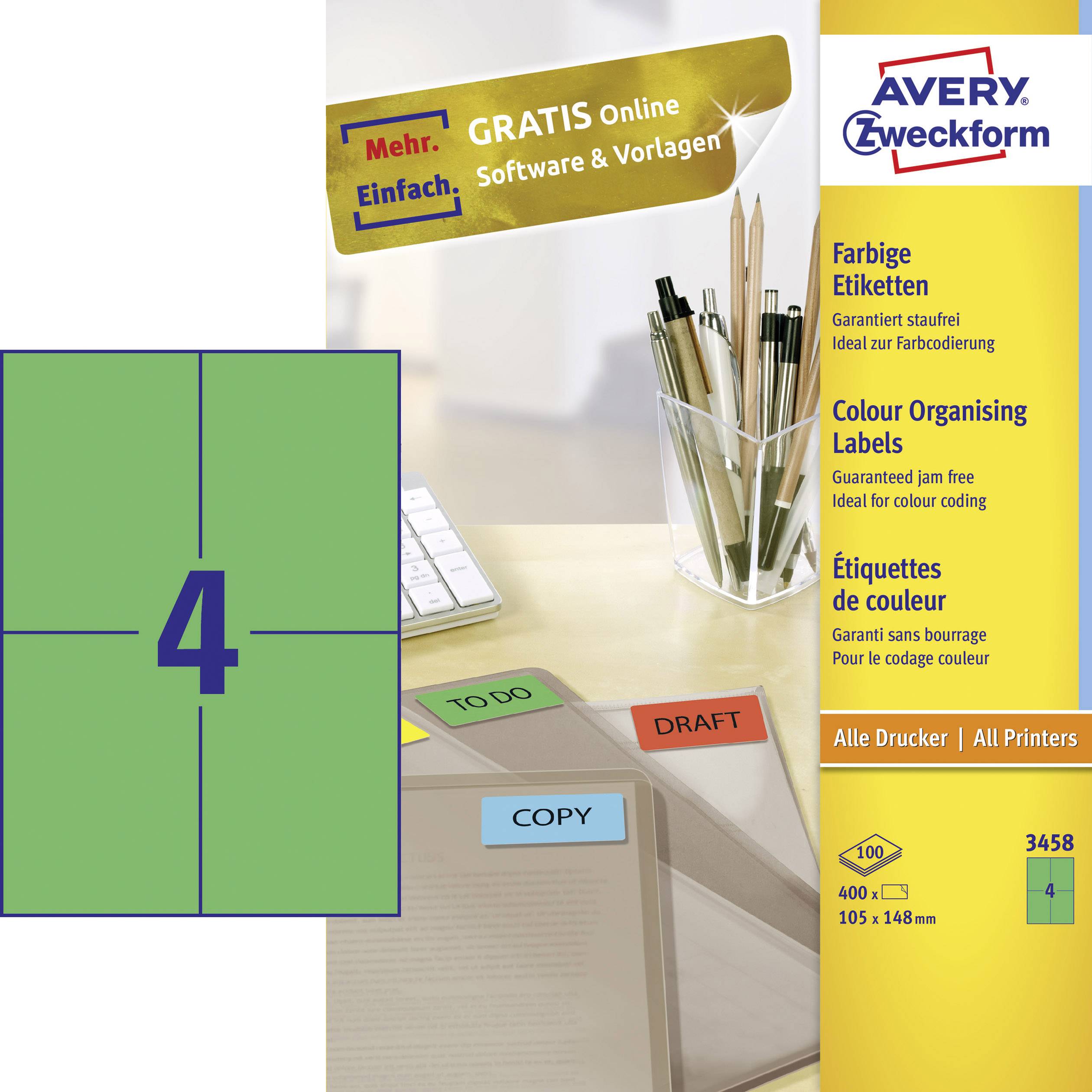 Avery-Zweckform 3458 univerzální etikety 105 x 48 mm papír zelená 400 ks trvalé inkoustová tiskárna, laserová tiskárna, barevná laserová tiskárna, kopírka, barevná kopírka